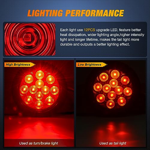 Nilight - TL-18 2PCS 4" Round Red LED Trailer Tail Lights w/Surface Mount Grommet Plugs IP67 Stop Brake Turn Tail Lights for Truck Trailer RV Jeep