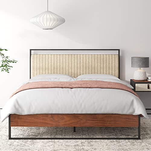 Zinus Queen Bed Frame ILSANG Metal and Wood Bed with Upholstered Fabric Headboard - Queen/ 5 Yr Warranty/Metal Pine Heavy Solid Wood, Ironline Range/Bedroom Furniture Industrial