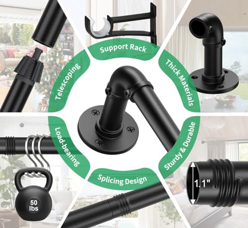 Black Curtain Rods for Windows 66 to 120, Outdoor Blackout Curtain Rod Set of 2, Wrap Around Industrial Heavy Duty Curtain Rods 2 Pack, 1 Inch Drapery Rods, Rustic Pipe Curtain Rod 72-144 Inch