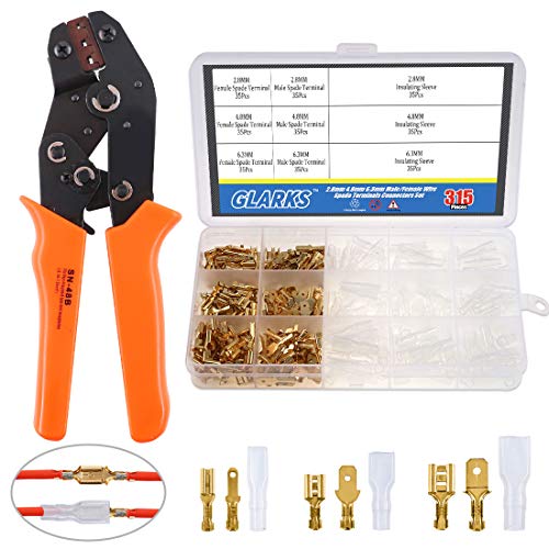 Glarks Self-Adjusting Wire Terminals Crimping Pliers Tool AWG26-16(0.5-1.5mm²) with 315Pcs 2.8mm 4.8mm 6.3mm Male/Female Wire Spade Connectors Terminals Crimper Kit