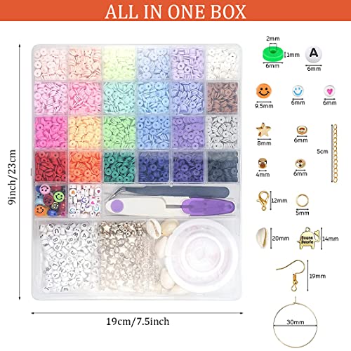 6000 PCS Clay Beads for Bracelet Making,24 Colors 6mm Flat Round Polymer Clay Beads with Pendant Charms Kit Letter Beads and Elastic Strings for Jewelry Making Kit & Craft Supplies