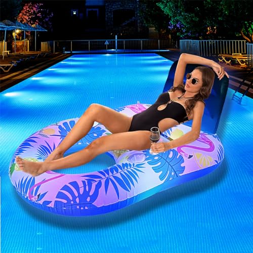 Inflatable Pool Floats Adults with Light, Solar Powered Swimming Pool Chair, Inflatable Pool Floaties Chair, 55 inch Large Pool Float with Night Lights, Summer Beach Pool Lounge with Cup Holder