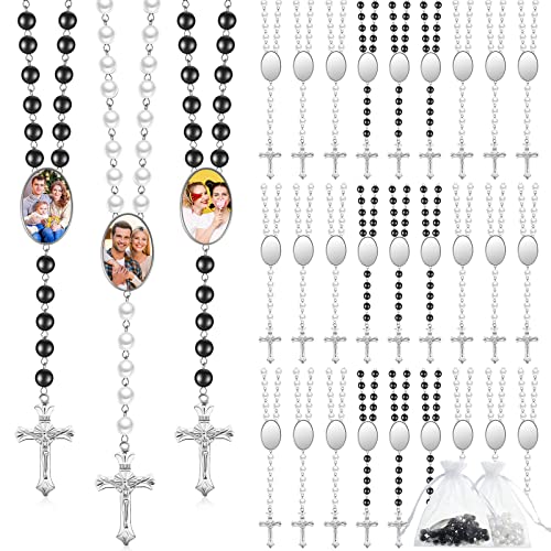 Taiyin Sublimation Blanks Rosary Beads Necklace Set Catholic Rosary Printable Insert Rosary Necklace Prayer Beads Rosary with Sheer Organza Bags for Baptism Women Men Jewelry Gifts DIY Making