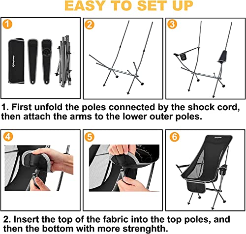 KingCamp Compact Camping Chairs for Adults Ultralight High Back Folding Portable Lawn Light Weight Outdoor with Armrest, Side Pocket, Headrast, Carry Bag, Support 265 Lbs, 2 Pack, Black-2 Pack