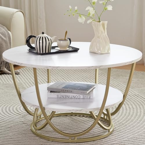 Elephance Round Coffee Table, 31.5 Inch Modern Coffee Table for Living Room, White and Gold Coffee Table with Storage, Wooden Tabletop-Marble White Print with Gold Frame