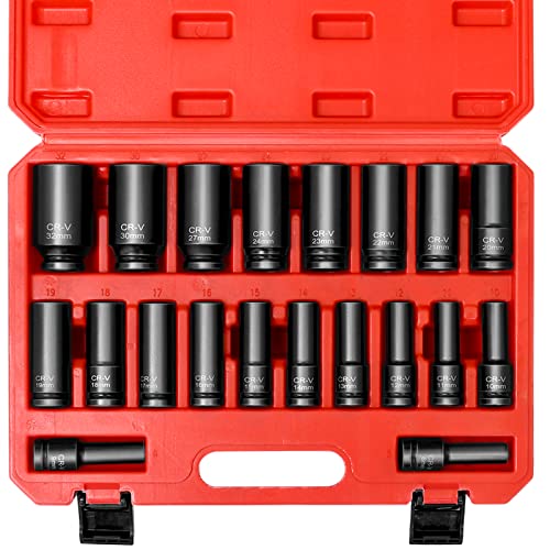 Advwin 1/2" Drive Impact Socket 20 Piece, Deep Impact Socket Set Metric 8-32mm, CR-V, Garage Workshop Tool Set