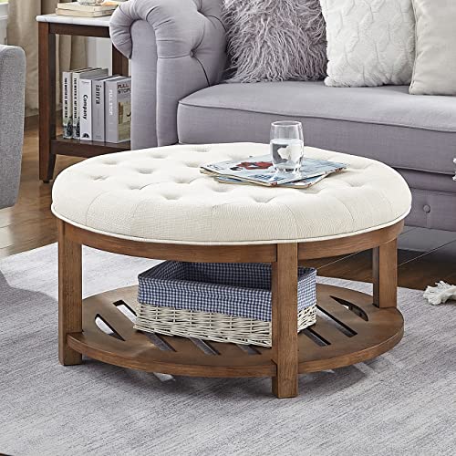 24KF Large Round Upholstered Tufted Linen Ottoman Coffee Table, Large Footrest Ottoman with Wood Shelf Storage-Ivory
