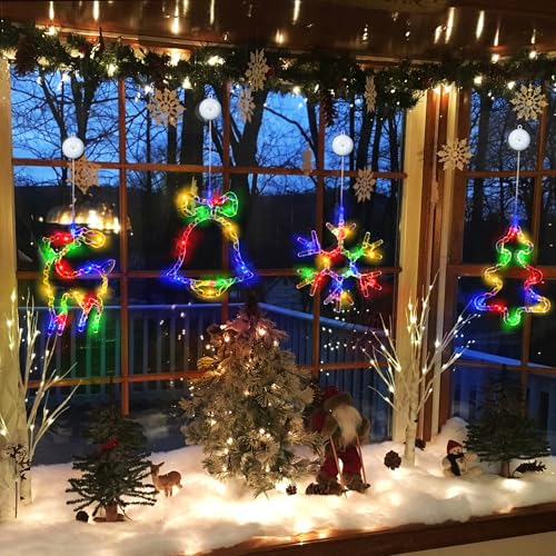 [Timer] 4 Pack Christmas Decorations Window Lights, Battery Operated Christmas Lights Reindeer Tree Jingle Bell Snowflake Window Lights with Suction Cup for Xmas New Year Decorations Indoor Outdoor