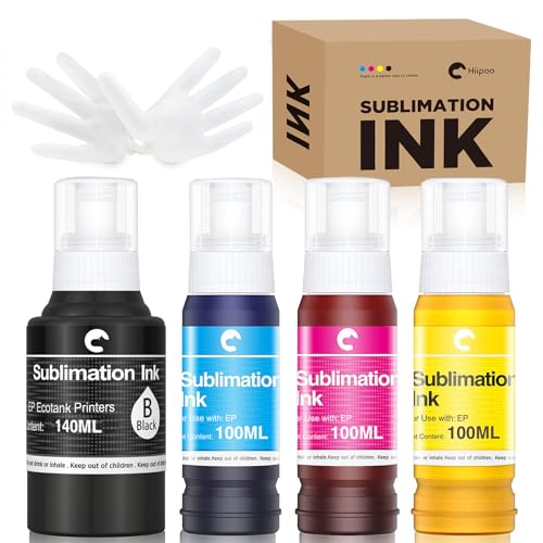 Hiipoo 440ML Sublimation Ink Refilled Bottles Compatible for Epson ET2400 ET2720 ET2760 ET2750 ET4800 ET-2800 ET-2803 ET-2850 Inkjet Printers Heat Press Transfer on Mugs T-Shirts