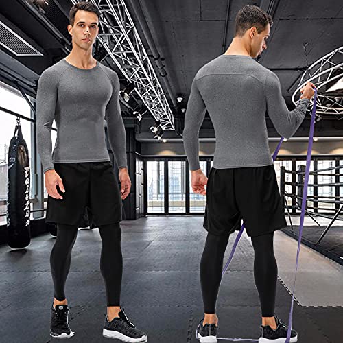 SPVISE 3 Pack Men's Compression Shirts Long Sleeve Workout Gym T-Shirt Running Tops Cool Dry Base Layer Athletic Undershirts, Crewneck- Black+white+grey, Large