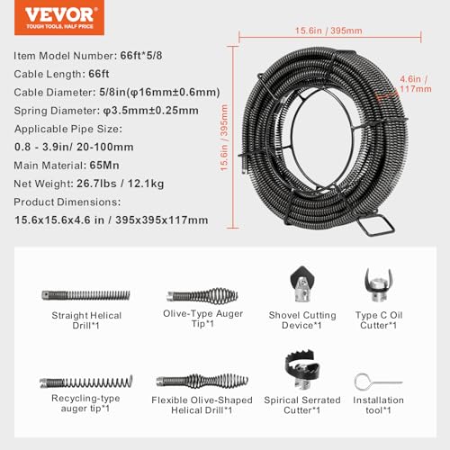 VEVOR Drain Cleaning Cable 66 FT x 5/8 Inch, Professional Sectional Drain Cleaner Cable with 7 Cutters for 0.8" to 3.9" Pipes, Hollow Core Sewer Drain Auger Cable for Sink, Floor Drain, Toilet