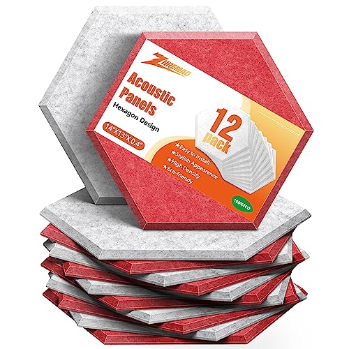 ZHERMAO 12 Pack Hexagon Acoustic Panels Beveled Edge Sound Proof Foam Panels, 14"X13"X 0.4" High Density Sound Proofing Padding for Wall, Acoustic Treatment for Studio, Home and Office (Grey Red)