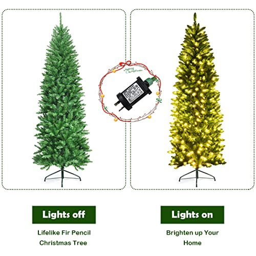 Costway 1.8m/6ft Pre-lit Pencil Christmas Tree,Artificial Hinged Fir Christmas Tree with 743 PVC Tips and 250 SAA certificated LED Lights, Christmas Drcoration with Sturdy Iron Stand, Easy Set-up