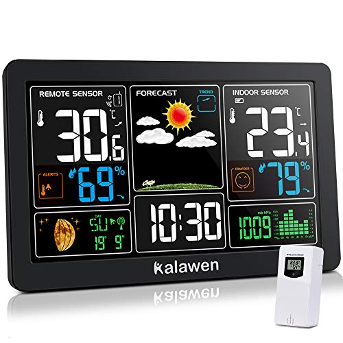 Kalawen Weather Station with Outdoor Indoor Sensor, MSF Wireless Digital Alarm Clock, Barometer, Temperature, Humidity Monitor, Weather Forecast for Home Garden