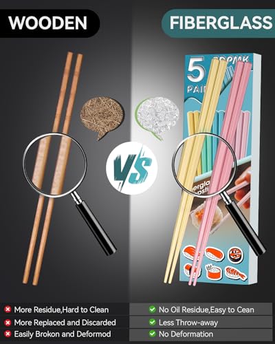 ZDPMK 5 Pairs Reusable Fiberglass colorful Chopsticks Set, Dishwasher Safe, 9.57 Inches, Premium Non-Slip Design with Case – Perfect for Japanese, Korean, and Chinese Cuisine, Great Gift for Parties