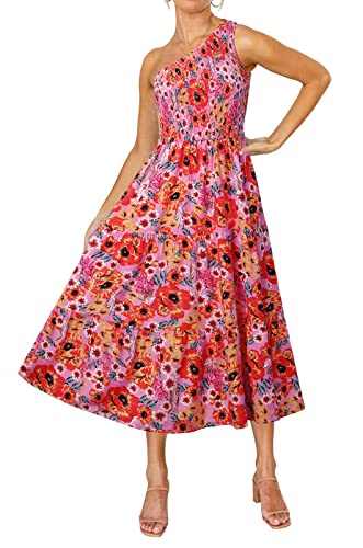 ZESICA Women's 2024 Bohemian Summer Floral Print One Shoulder Sleeveless Smocked Ruffle Tiered Beach Long Midi Dress, Brightpink, Medium
