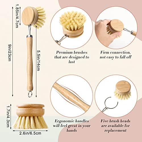 10 Pieces Wooden Kitchen Brush Set Bamboo Dish Brush Set Wooden Dish Washing Brush Wood Bottle Brush with Replacement Heads for Dishes, Wide Mouth Bottles, Cups and Jars