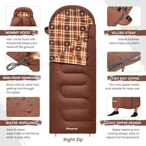KingCamp Backpacking Sleeping Bag Lightweight Warm & Cold Weather Sleeping Bags for Adults Ideal for Hiking Camping Outdoor Adventures XL Coffee Right Zipper