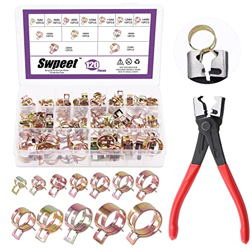 Swpeet 121Pcs 7-22mm Spring Band Hose Clamps with CV Boot Hose Clip Pliers Assortment Kit, Silicone Vacuum Hose Action Pipe Clamp Low Pressure Air Clip Clamp for Hose Clamps