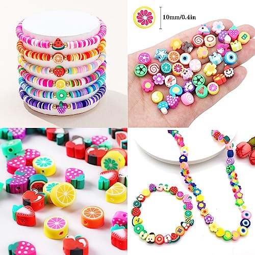 1000PCS Polymer Clay Beads Bracelet Making kit, 24 Style Cute Fun Beads Fruit Flower Animal Cake Butterfly Heart Beads Charms for Jewelry Necklace Earring Making DIY Accessories for Women Girls