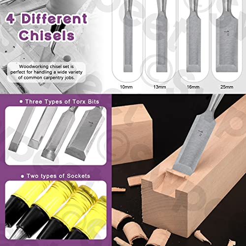 Swpeet 4Pcs 4 Sizes Wood Chisel Set, 10MM 13MM 16MM 25MM Short Blade Wood Chisel, Professional Sturdy Chrome Vanadium Steel Wood Chisel with PVC High Impact Handle for Woodworking Carving