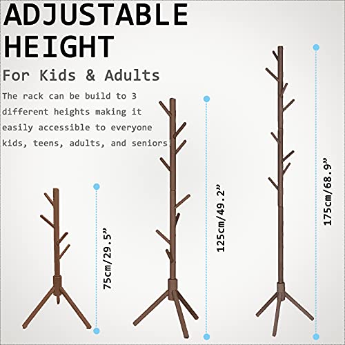 Neween Sturdy Wooden Tree Coat Rack Stand, Adjustable Free Standing Hall Coat Tree with 3 Section & 8 Hooks for Coats, Hats, Bags, Purse, Entryway, Hallway, Easy to Assemble (Brown)