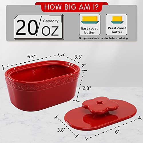 AVLA Porcelain Butter Dish, Ceramic Butter Dish with Lid for Countertop, Large Butter Container Storage Keeper Holds Up to 2 Sticks of Butter, Oval Shape Butter Crock Flower Series, Red