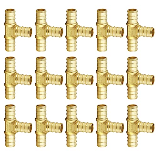 1/2 Inch Tee PEX Brass Crimp Fittings, Stress Corrosion Cracking Resistant Plumbing Fitting, Lead Free Brass Barb Crimp Pipe Hose Fittings（15packs）