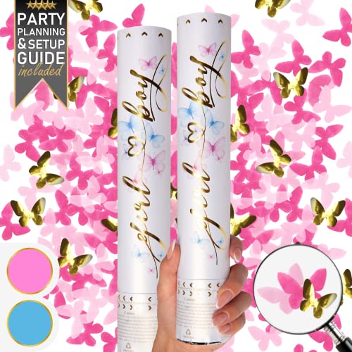 Gender Reveal Confetti Cannon - 2 Pack - Butterfly Shape Pink Gender Reveal Cannons | Baby Gender Reveal Poppers | Girl Gender Reveal Pink Party Popper Confetti Shooter | Pink Confetti Poppers