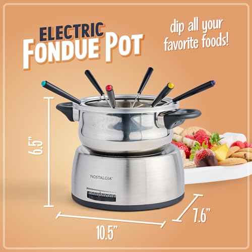 Nostalgia FPS200 6-Cup Stainless Steel Electric Fondue Pot with Temperature Control, 6 Color-Coded Forks and Removable Pot - Perfect for Chocolate, Caramel, Cheese, Sauces and More