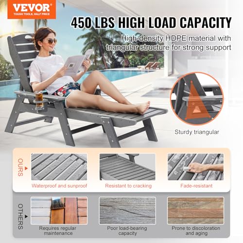 VEVOR Chaise Lounge Chair, 204 kg Weight Capacity, Adjustable Patio Lounge Chair for Outdoor with 6 Positions Backrest, HDPE Lounge Chair with Cup Holder for Pool Poolside Deck Backyard Lawn, Gray