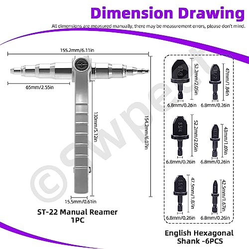 Swpeet 7Pcs Copper Pipe Tube Expander Tool with 1/4'' 3/8'' 1/2'' 5/8'' 3/4'' 7/8'' Expander Drill Bit Assortment Kit, Hand Expanding Tool Refrigeration Tools Copper Pipe Swaging Tool Tube Expander