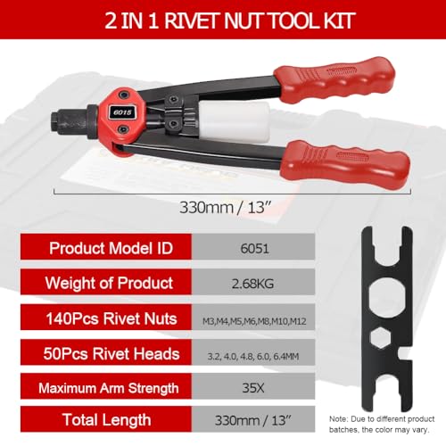 2 in 1 Heavy Duty Rivet Nut tool Rivet Gun, 13-Inch Rivet nut Tool Kit, Insert rivnut Rivet Setter Kit with 7 Metric Mandrels, 160pcs Rivnuts, 50pcs rivets with Rugged Carrying Case