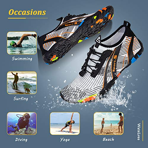 Water Shoes Mens Womens Beach Swim Shoes Quick-Dry Aqua Socks Pool Shoes for Surf Yoga Water Aerobics (M-White/Orange, 38)