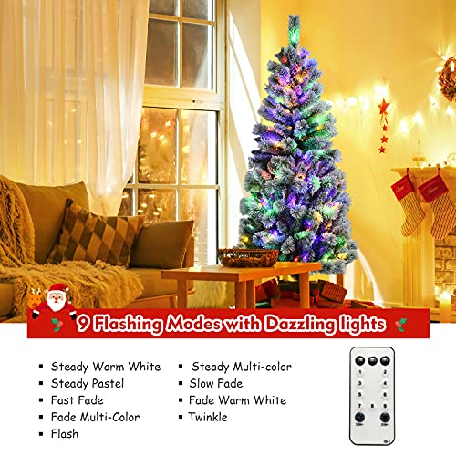 Costway 1.8M/6 ft Pre-lit Snow Flocked Christmas Tree with 9 Lighting Modes and Color Changing LED Lights, Artificial Xmas Hinged Tree with Remote Controller, Xmas Pine Tree Christmas Decoration for Home, Office, Party