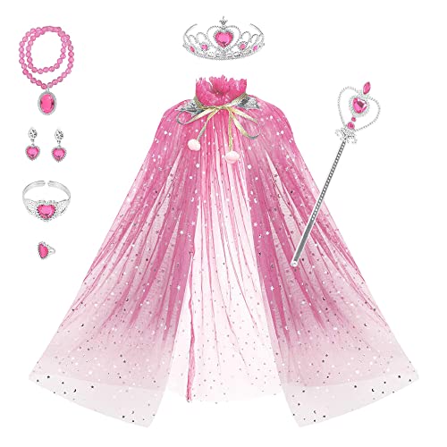 AUTOWT Girl Princess Cloak Suit, Princess Costume, Cosplay Cloak, Shiny Princess Cloak Necklace with Jewelry, Headwear, Crown, Wand, Earrings, Bracelets, Rings, Halloween, Christmas, Birthday