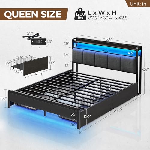 Rolanstar Bed Frame Queen Size with Charging Station and LED Lights, Upholstered Storage Headboard with Drawers, Heavy Duty Metal Slats, No Box Spring Needed, Noise Free, Easy Assembly, Dark Grey