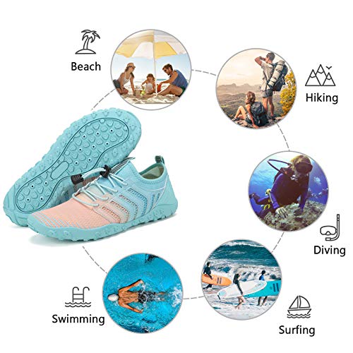 WateLves Water Shoes Mens Womens Beach Swim Shoes Quick-Dry Aqua Socks Pool Shoes for Surf Yoga Water Aerobics, G/Pink/Blue, 8.5 Women/7 Men