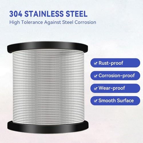 1/4" Stainless Steel Cable,7x19 Strand Aircraft Wire Rope,Cable for Heavy Duty Applications,Zip Iine and Outdoor Pulley Cables,Deck Railing, with Gloves,Breaking Strength 6400 Ibs,150FT