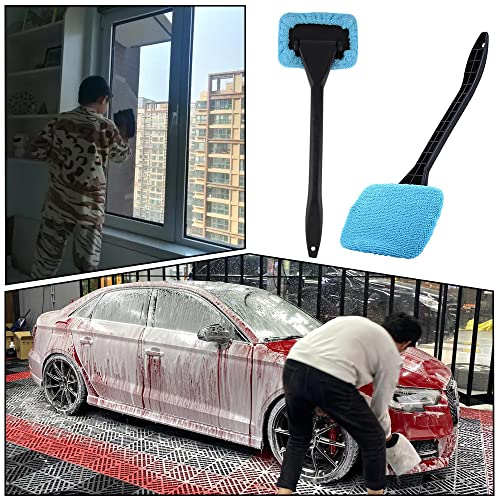 ZCPingNiao Car Windscreen Cleaner 2 Reusable and Washable Microfiber Pads, Windshield Cleaning Tool with Detachable Handle Auto Inside Glass Wiper for Fog & Moisture Removal (Random Color
