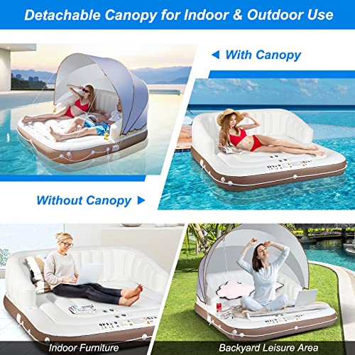 Costway Canopy Island Inflatable Pool Float Lounge, Swimming Raft Lounge w/High Backrest Armrest Adults & Kids, Inflatable Pool Floating Lounge Chair w/ 2 Cup Holders Retractable Canopy Beach Seaside