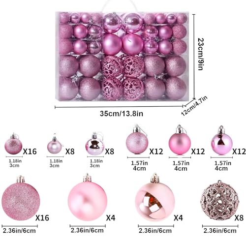 100 Pcs Christmas Ball Ornaments Set, Pink Ornament for Christmas Tree Decorative Hanging Baubles Plastic Shatterproof Christmas Ball for Holiday Party Christmas Tree Decoration