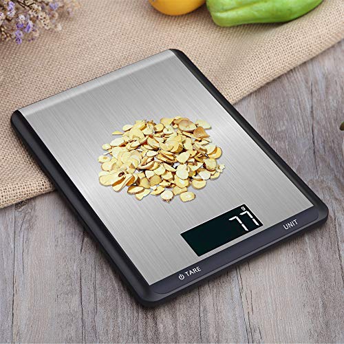 Disenkelubo Digital Kitchen Scale, 5kg/1g Cooking Scale, High Accuracy Food Scale, 7 Units, Back-Lit LCD Display, Tare & Auto Off, Anti-Fingerprint, Stainless Steel & Slim Design Batteries Included