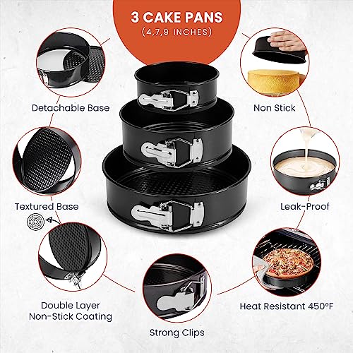 RFAQK Cake tins Baking Set of 3 (4”/7”/9”) Springform Cake Pans Sets -Nonstick Leakproof 3 Tier Cake Pan Bakeware with 50 Pcs Parchment Paper Liners for Small, Medium, Large Cakes with Ebook