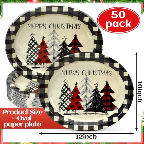 Ziliny 50 Count Christmas Oval Paper Plates Platter 10 x 12 Inch Christmas Disposable Platters Xmas Tree Buffalo Plaid Merry Christmas Plates Dinnerware Serving Tray for Holiday Dinner Party Supplies