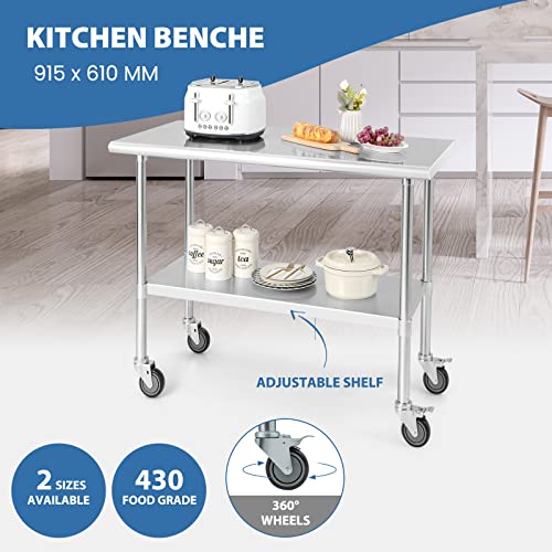 Giantex Stainless Steel Workbench, Prep Work Table, Adjustable Bottom Shelf, Commercial-Grade Scratch-Resistant Table Top, Lockable Wheels, Utility Storage Desk for Kitchen Restaurant (91.5 x 61 cm)