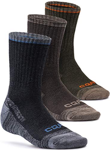 CQR Pack of 3 Men and Women Moisture Wicking Hiking Socks, Outdoor Sports Trekking Crew Socks, Mid Calf Cushioned Socks Heavy Wool 3pairs(tzs78) - Charcoal/Wood/Olive Large