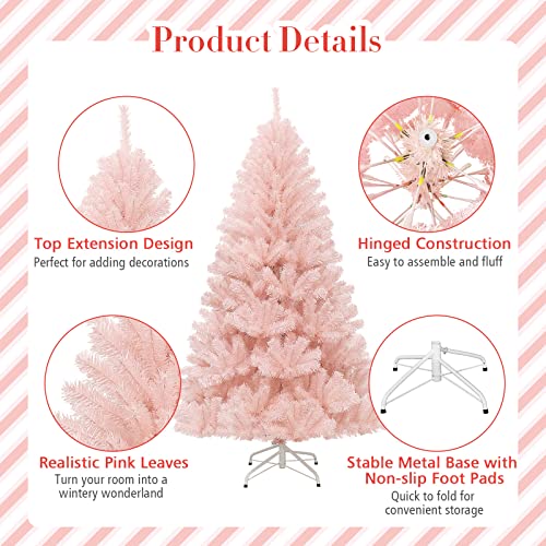 Costway 1.8M Pink Christmas Tree, Artificial Hinged Christmas Tree w/ 617 Tips, Premium Soft PVC Needles, Sturdy Metal Stand, Quick Set Up & Easy Storage, Ideal for Home, Office and Shops