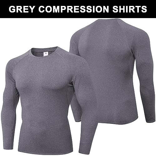 Men's Compression Shirts Longs Sleeve Workout Gym T-Shirt Running Tops Cool Dry Sports Base Layer Athletic Undershirts, Black+white+f Grey, X-Large