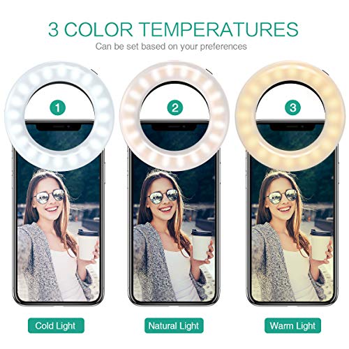 AMIR (2021 Upgraded New Version) Selfie Ring Light, 3 Lighting Modes Rechargeable Clip on Fill Light, Adjustable Brightness Phone Camera Circle Light for iPhone X Xr XsMax 11 Pro Android iPad(White)